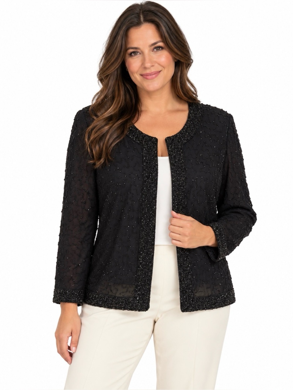 Laurence Kazar NY 100% Silk Beaded Evening Jacket Formal Party Black Size Med